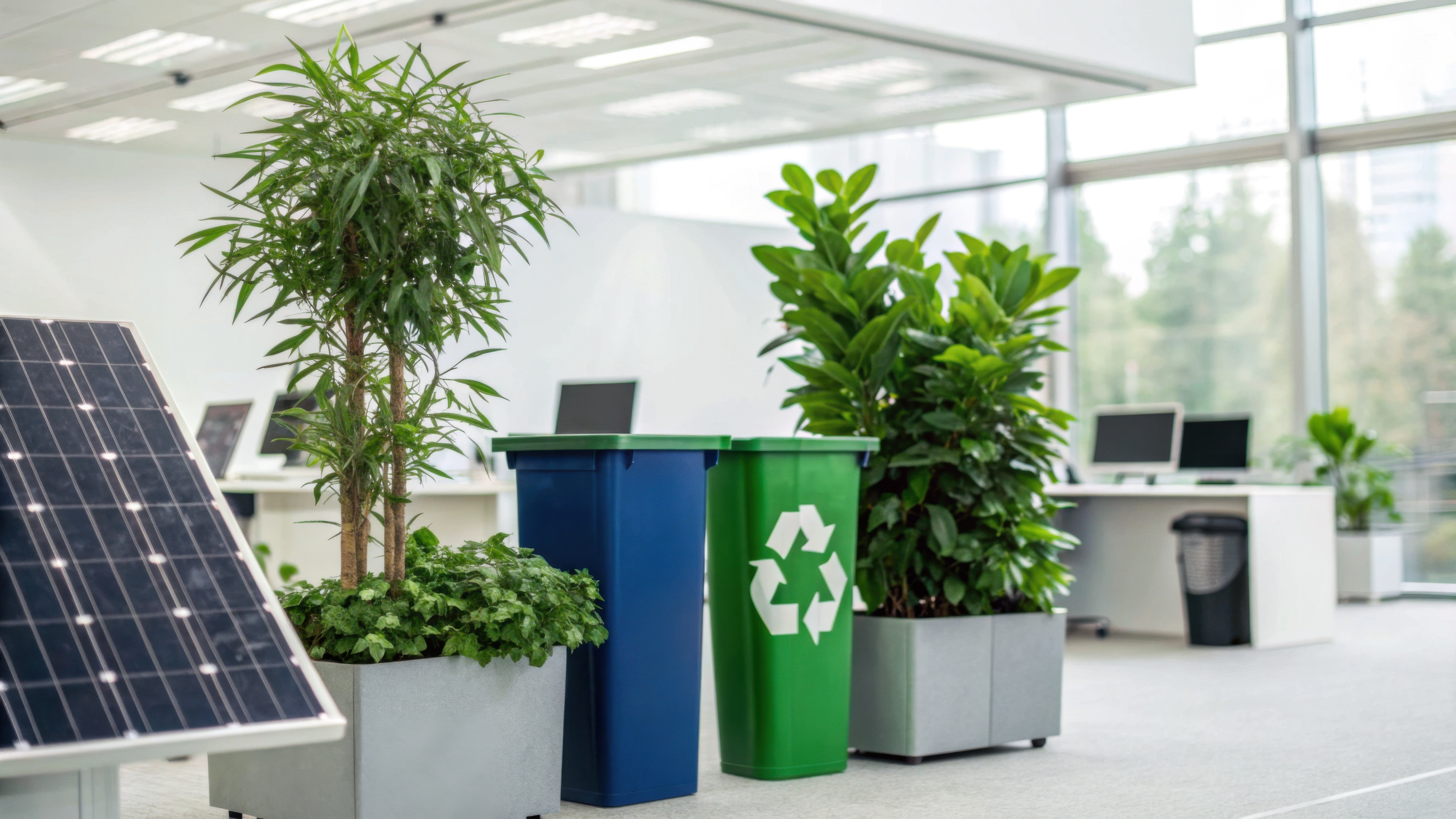 Modern office with indoor plants, blue and green recycling bins, and a solar panel, emphasizing environmentally friendly workplace practices.
